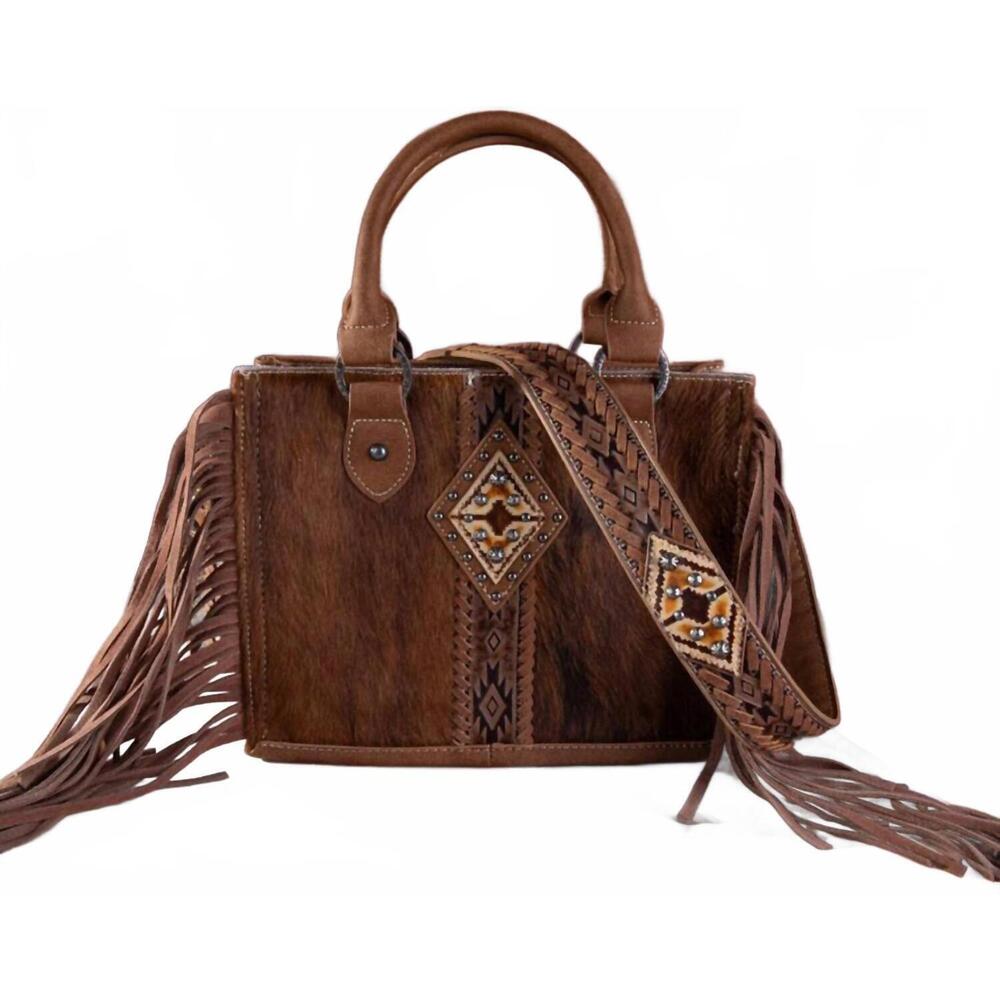NEW TRINITY RANCH women's hair on cowhide fringe concealed carry purse in brown/
